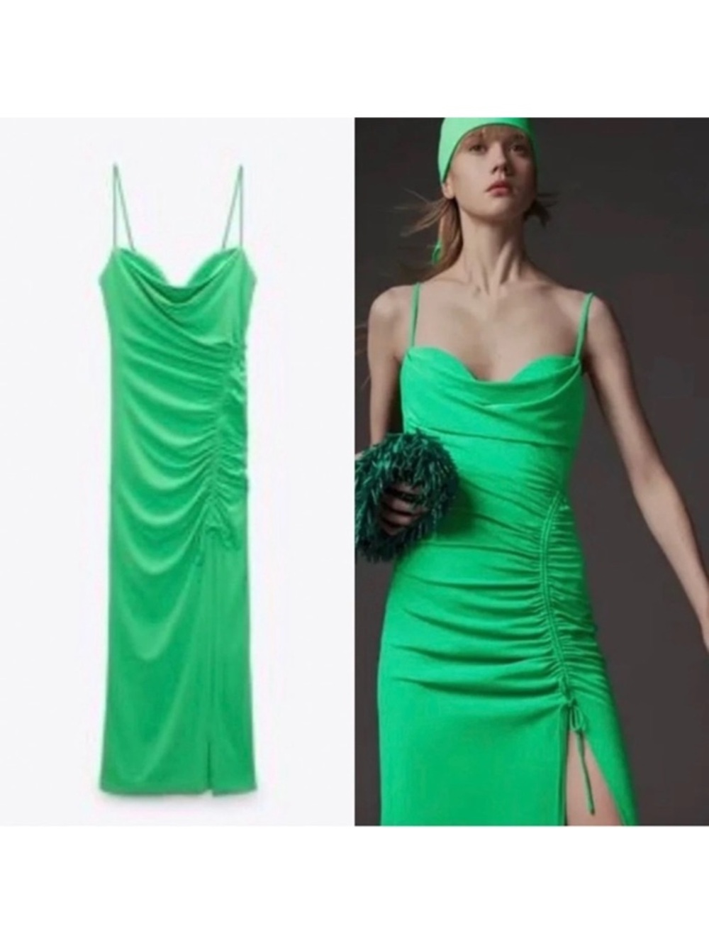 Zara Neon Green Cowl Neck Ruched Midi Dress - S